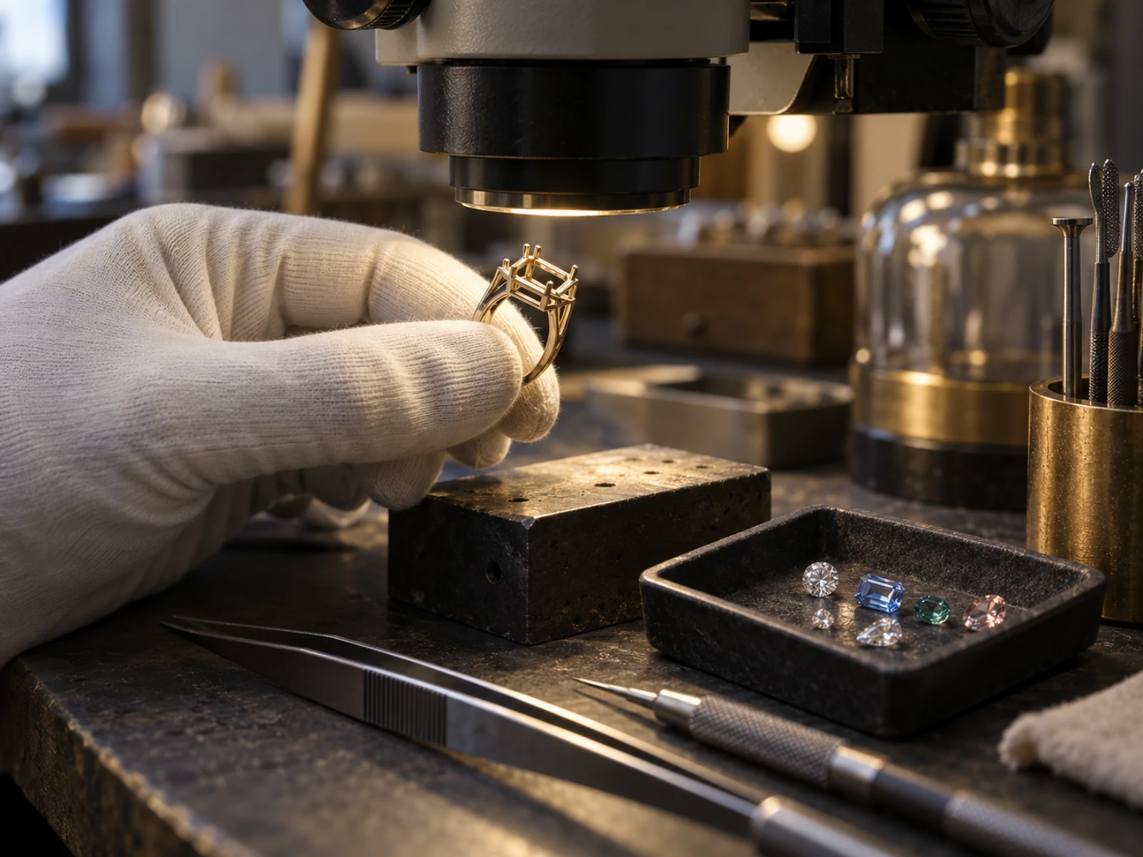 Gloved jeweller inspecting a geometric ring setting at a workbench