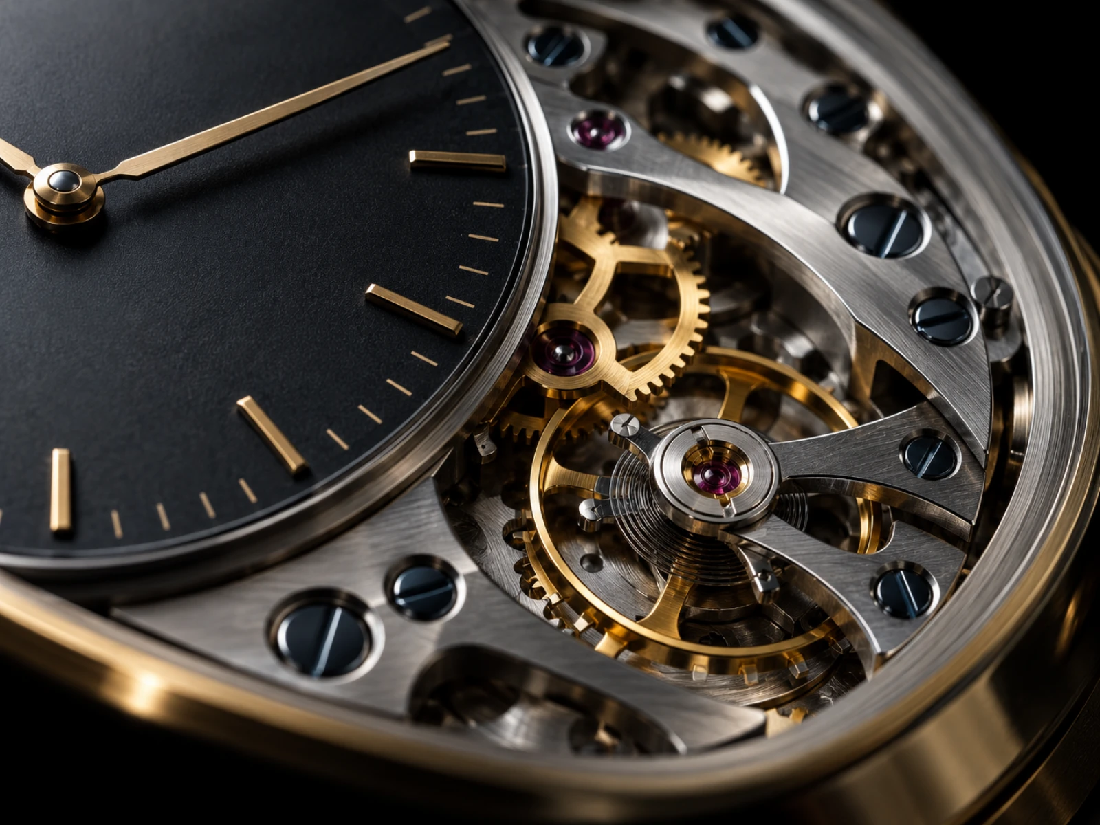 Macro detail of an unbranded mechanical timepiece and its movement